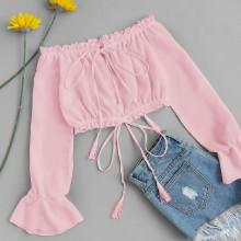 Shein Off Shoulder Drawstring Split Front Blouse