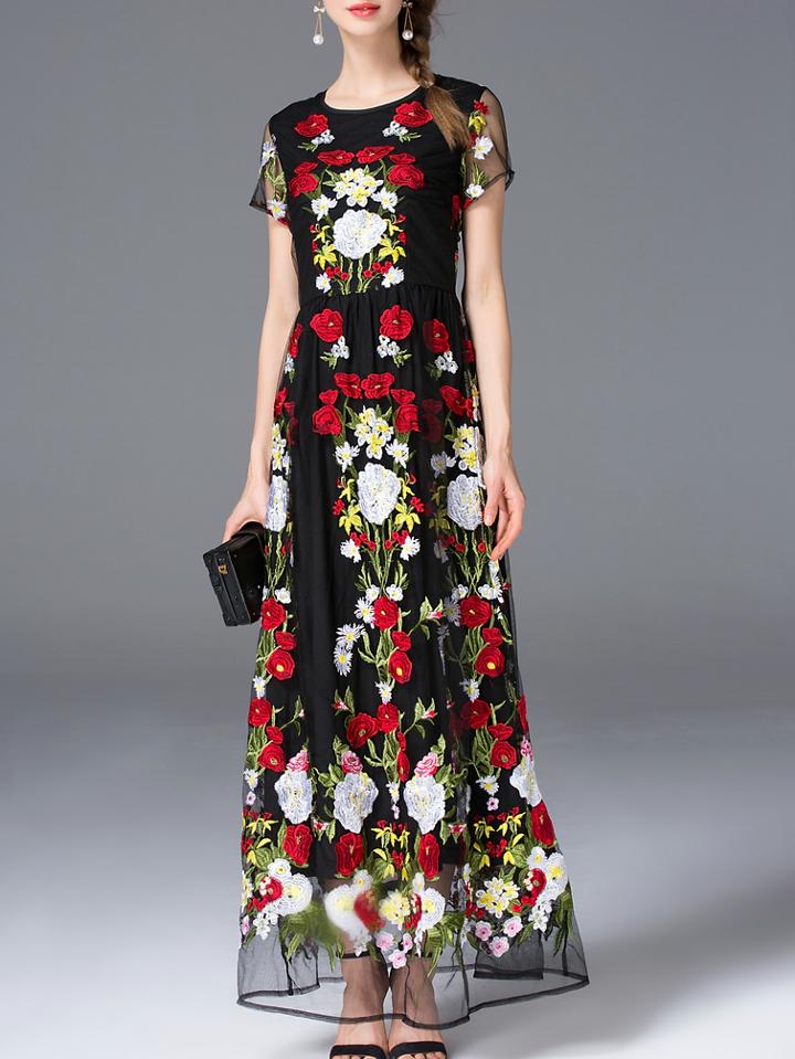 Shein Black Gauze Embroidered Lace Maxi Dress