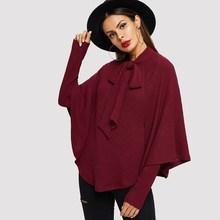 Shein Tie Neck Rib-knit Cape Coat