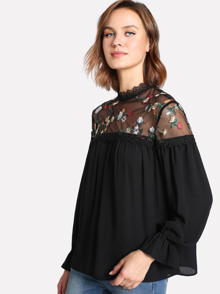 Shein Flower Embroidery Mesh Yoke Flounce Sleeve Top