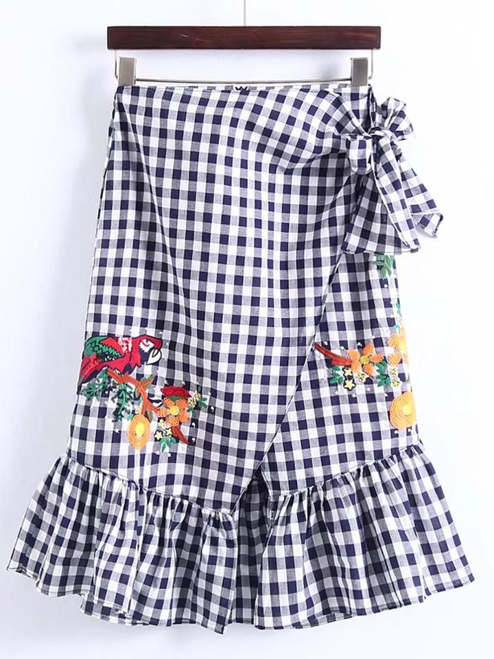 Shein Ruffle Hem Grid Bow Tie Skirt