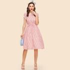 Shein Lace Trim Fit & Flare Pinstripe Dress With Belt