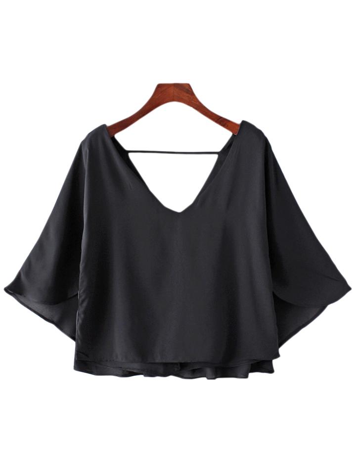 Shein Black Deep V Neck Cloak Backless Chiffon Blouse