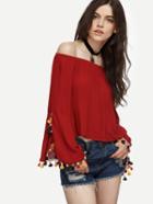 Shein Red Tassel Trim Bell Sleeve Off The Shoulder Top