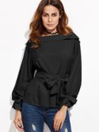 Shein Black Foldover Boat Neck Belted Waist And Cuff Blouse