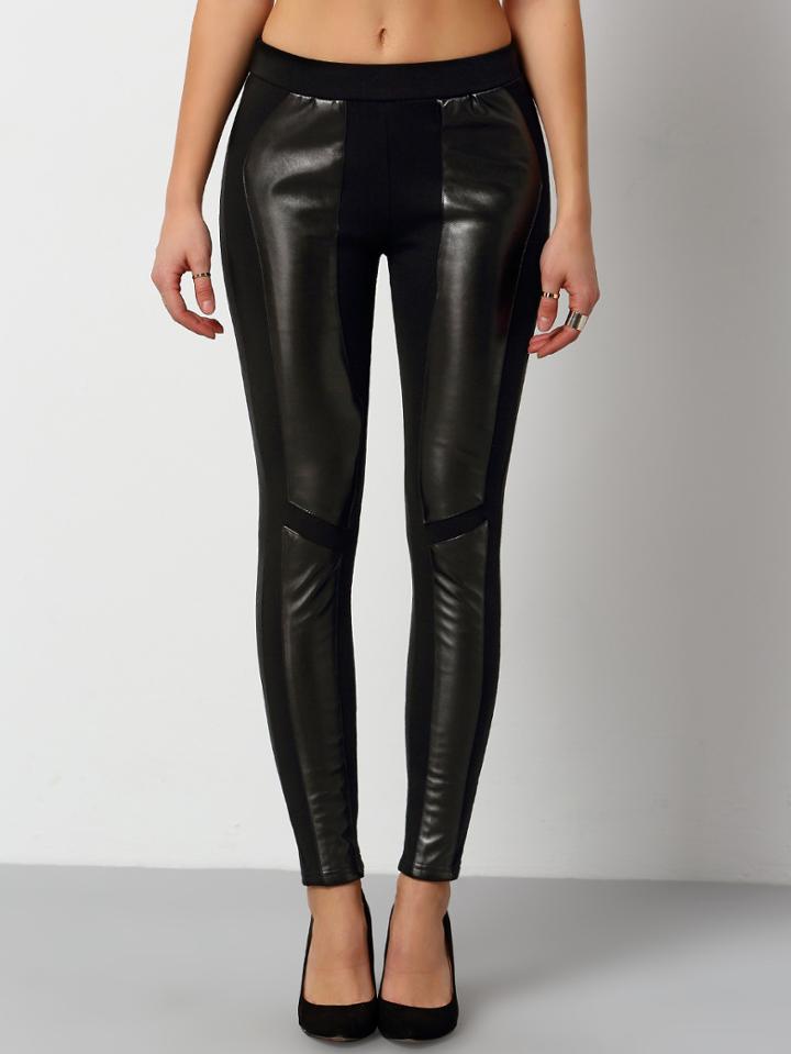 Shein Black Contrast Pu Leather Skinny Pant