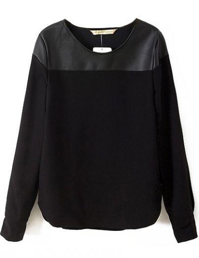Shein Black Long Sleeve Contrast Pu Blouse