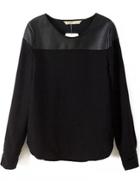 Shein Black Long Sleeve Contrast Pu Blouse