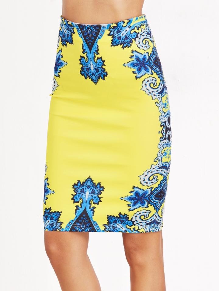 Shein Yellow Tribal Print Slit Back Pencil Skirt