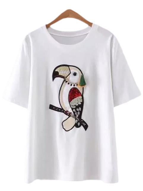 Shein White Short Sleeve Diamond Tassel Bird Sequined T-shirt