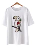 Shein White Short Sleeve Diamond Tassel Bird Sequined T-shirt