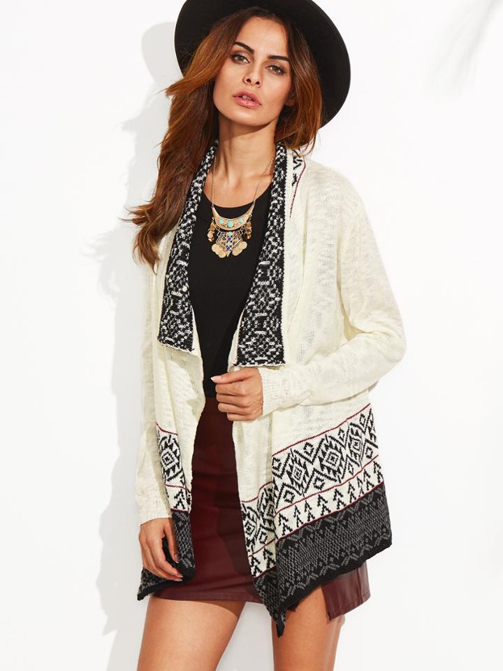 Shein White Contrast Drape Collar Tribal Pattern Sweater Coat