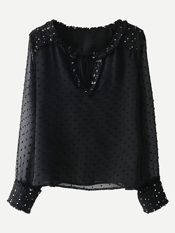 Shein Tweed Trim Dot Textured Blouse