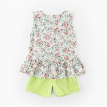 Shein Girls Calico Print Ruffle Trim Vest With Plain Shorts