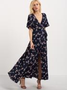 Shein Multicolor V Neck Birds Print Split Maxi Dress