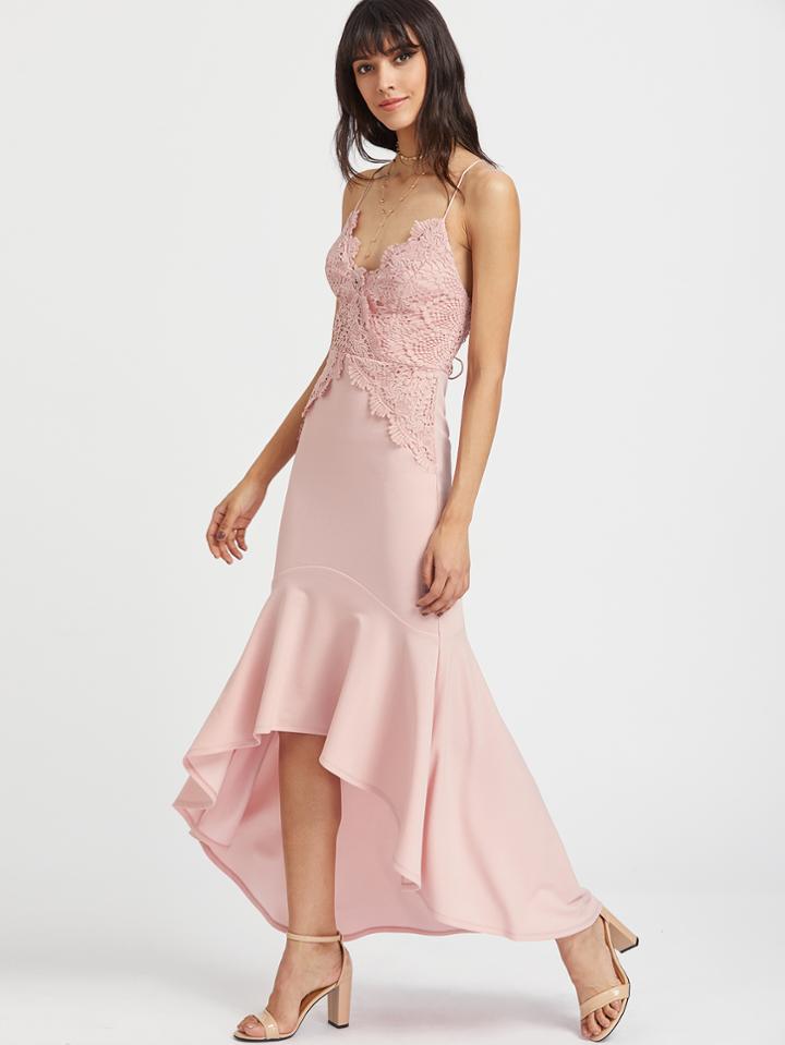 Shein Lace Bodice Tie Up Back Hi Lo Mermaid Dress