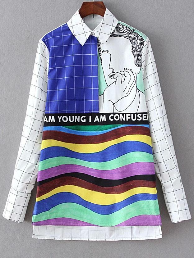 Shein Multicolor Rainbow Print Plaid Blouse