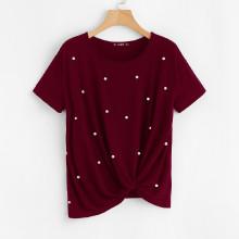 Shein Pearl Beading Twist Hem Top