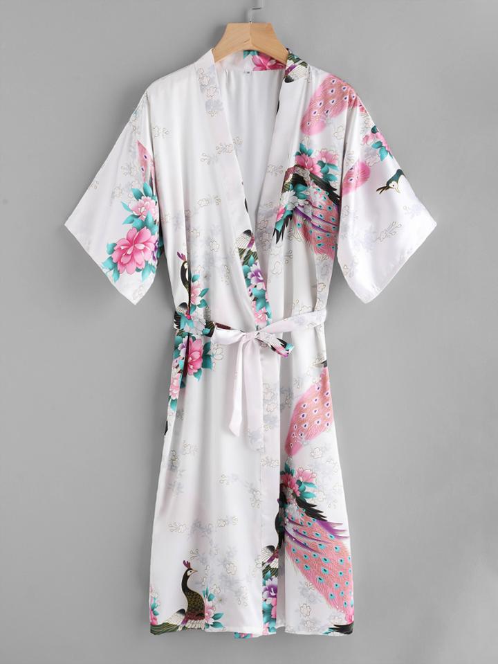 Shein Peacock Print Satin Kimono Robe With Belt