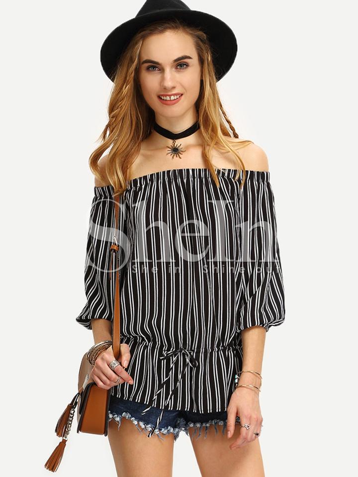 Shein Black White Striped Off The Shoulder Blouse