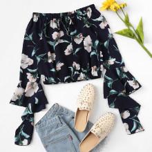 Shein Off Shoulder Floral Print Fluted Sleeve Top