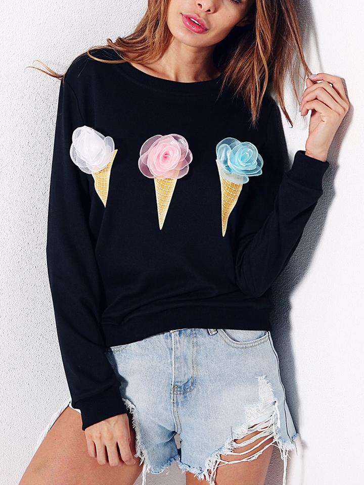 Shein 3d Flowers Embellished Ice Cream Print Sweatshirt