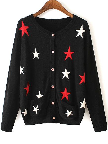 Shein Black Star Pattern Front Pocket Button Cardigan