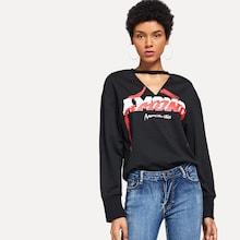 Shein Letter Print Cut Out Neck Sweatshirt