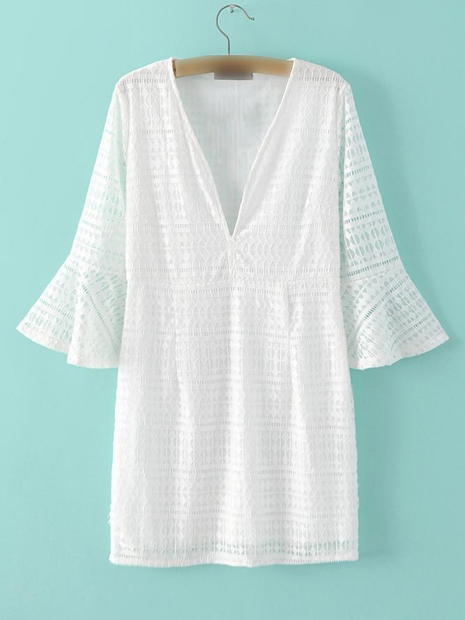 Shein White Deep V Neck Bell Sleeve Lace Dress