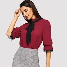 Shein Contrast Tie Neck Ruffle Cuff Top