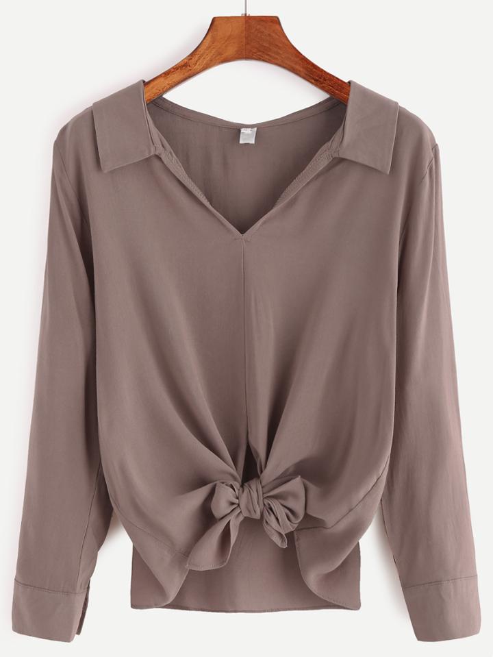 Shein Khaki V Neck Knotted Hem Blouse