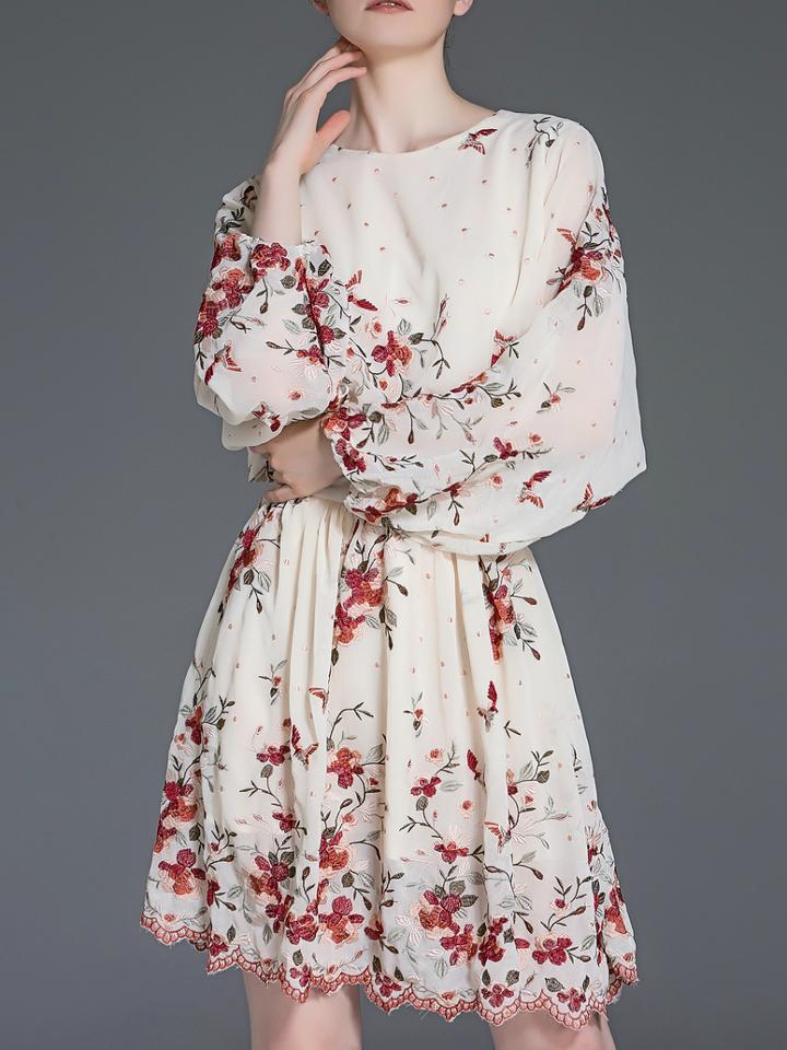 Shein Beige Crew Neck Floral A-line Dress