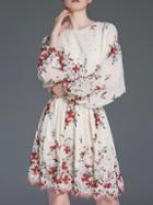 Shein Beige Crew Neck Floral A-line Dress