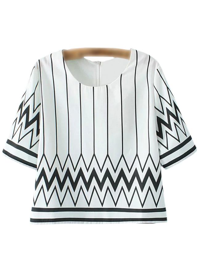 Shein Black White Short Sleeve Zipper Back Print Blouse
