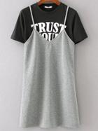 Shein Grey And Black Letter Print 2 In 1 Cami Dress