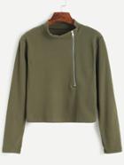 Shein Army Green Mock Neck Zip Front T-shirt