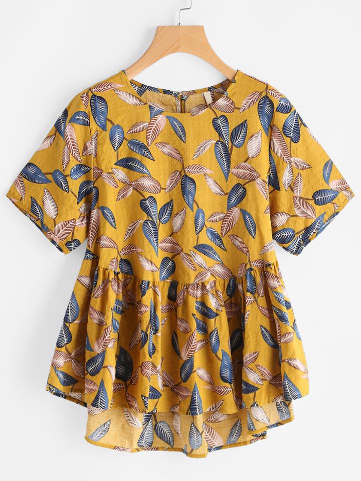 Shein Leaf Print Keyhole Back Dip Hem Smock Blouse