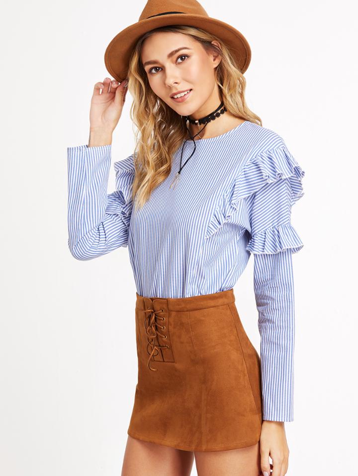 Shein Vertical Striped Keyhole Back Ruffle Blouse