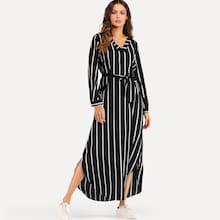 Shein Striped Self Tie Waist Split Dress