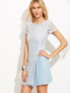 Shein Blue Lace Overlay Pleated A-line Dress