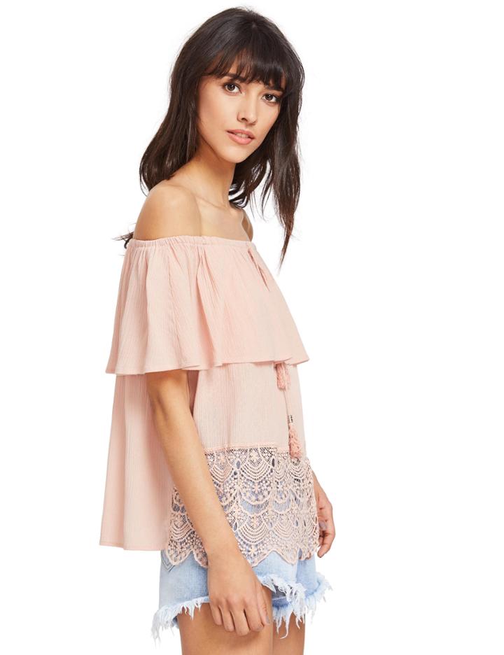 Shein Pale Pink Off The Shoulder Tassel Blouse