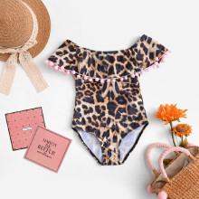 Shein Girls Pom Pom Leopard Swimsuit
