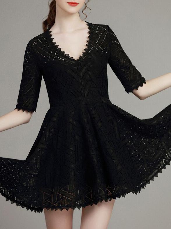 Shein Black V Neck Mesh Zigzag A-line Dress