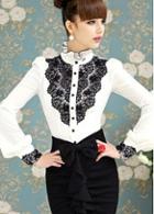 Rosewe Exquisite Mandarin Collar Button Closure Blouse With Lace