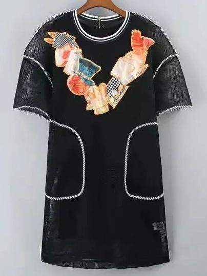 Shein Black Crew Neck Sheer Mesh Floral Dress