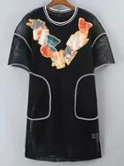 Shein Black Crew Neck Sheer Mesh Floral Dress