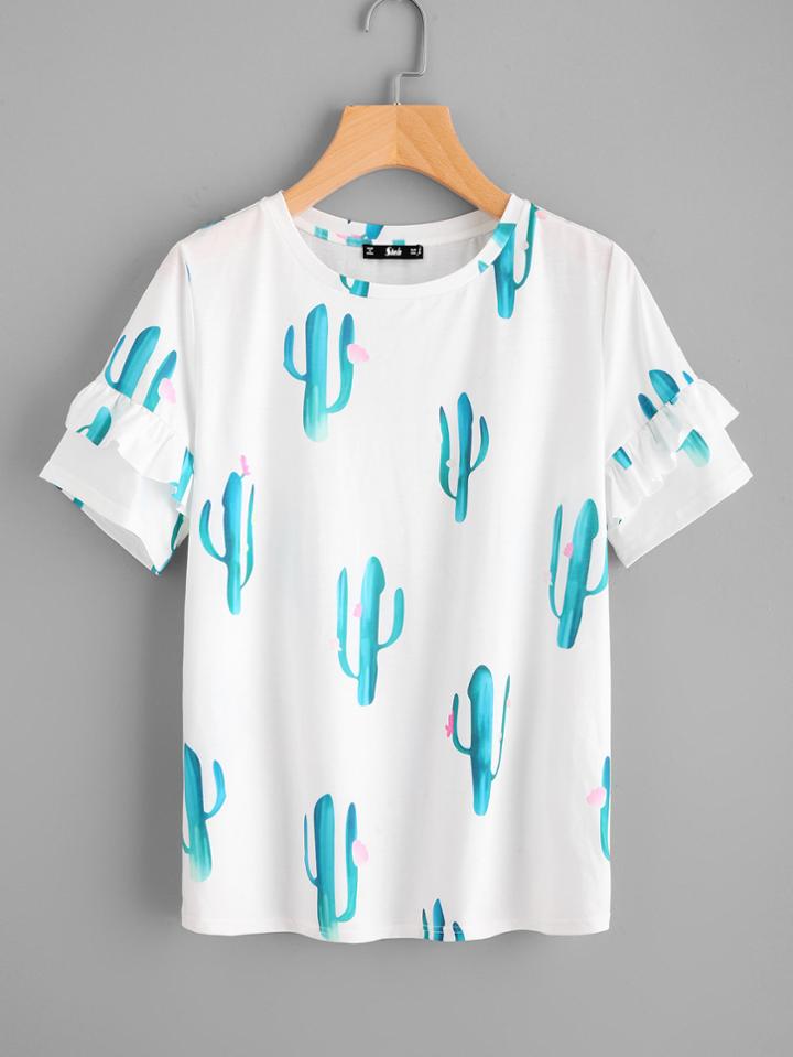 Shein Allover Cactus Print Frilled Sleeve Top
