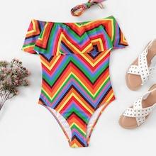 Shein Random Chevron Flounce Swimsuit