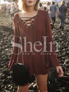 Shein Brown Long Sleeve Lace Up Playsuit