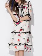 Shein White Bowtie Neck Ruffle Rose Print Dress